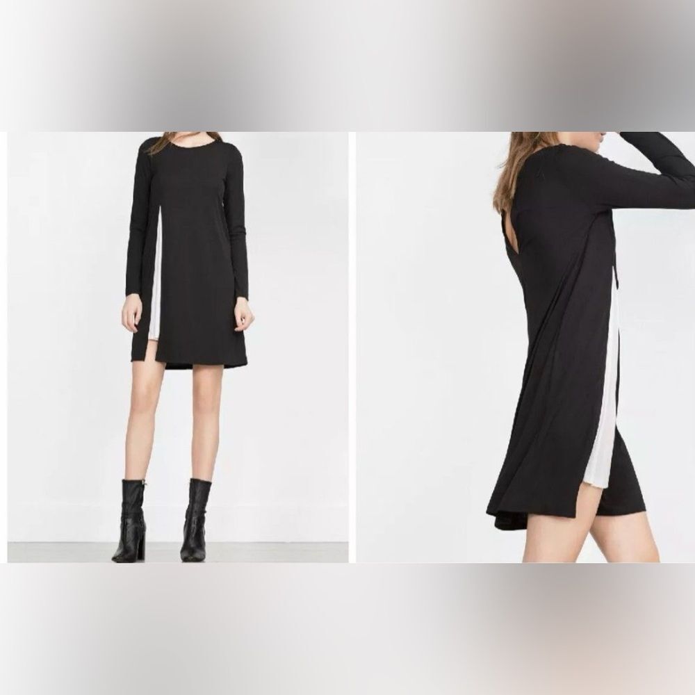 Zara W&B Black Over White Underlay Slit Two Tone Mini Shift Dress size M